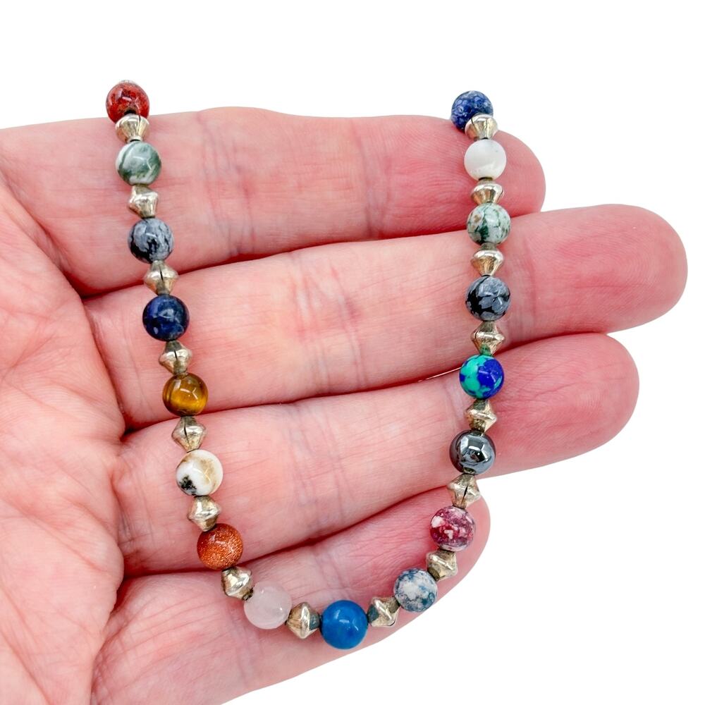 Vintage Sterling Silver 925 Multi Gemstone Beaded Necklace 17.5"